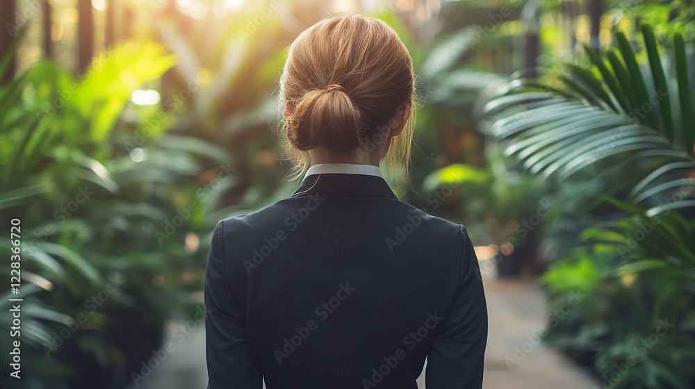 A businesswoman stands in a lush green park viewed from behind symbolizing eco-conscious leadership balance between career and nature sustainability minimalism modern design blank caption space on the A businesswoman stands in a lush green park viewed from behind symbolizing eco-conscious leadership balance between career and nature sustainability minimalism modern design blank caption space on the