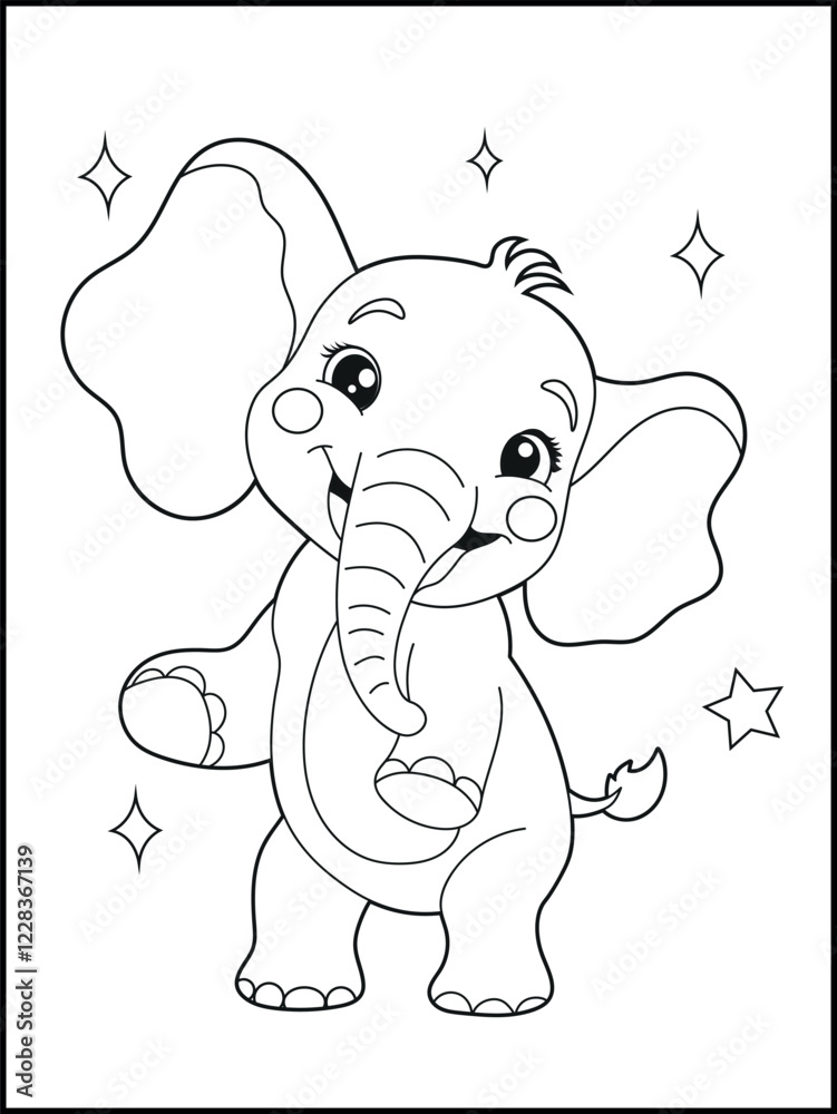 Naklejka premium Illustration of a cute baby elephant cartoon character. Hand drawn Black and white Printable animal coloring page for kids. Children's coloring books, fun and educational materials. 