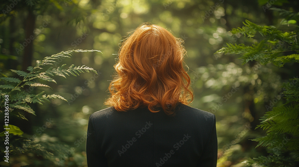 A businesswoman stands in a lush green park viewed from behind symbolizing eco-conscious leadership balance between career and nature sustainability minimalism modern design blank caption space on the