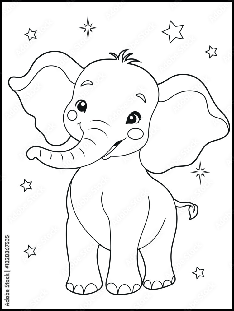 Fototapeta premium Illustration of a cute baby elephant cartoon character. Hand drawn Black and white Printable animal coloring page for kids. Children's coloring books, fun and educational materials. 