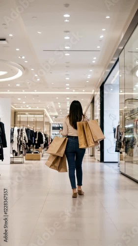 Woman carrying shopping bags in a modern retail store, showcasing vibrant displays and bright lighting
