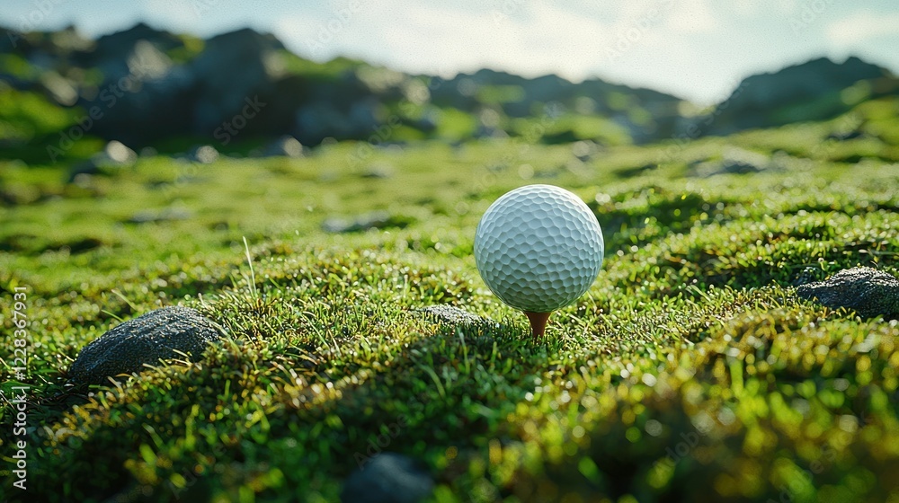 Golf ball on tee, rocky landscape, sunny day, ready for swing Golf ball on tee, rocky landscape, sunny day, ready for swing