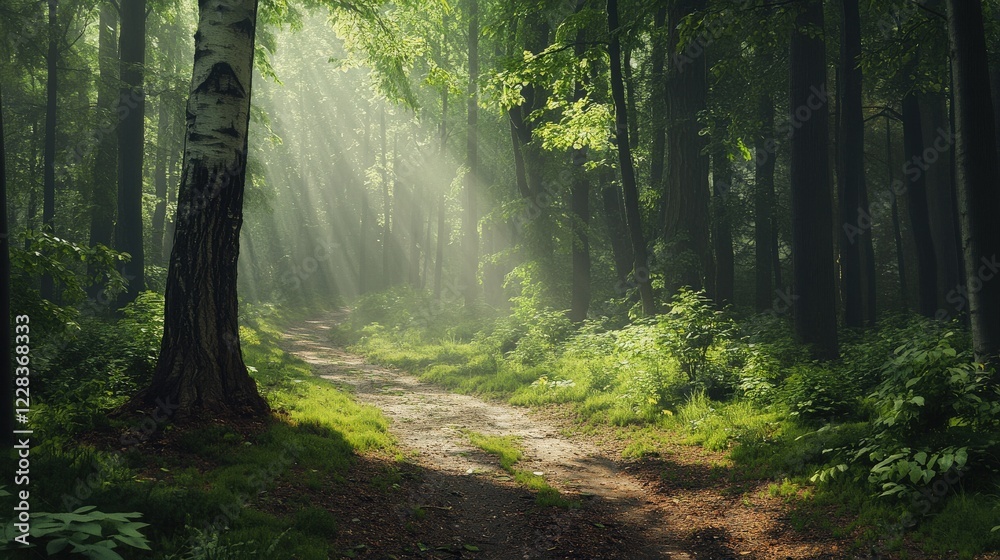 Obraz premium Serene forest path illuminated by sunlight, surrounded by lush greenery and tall trees