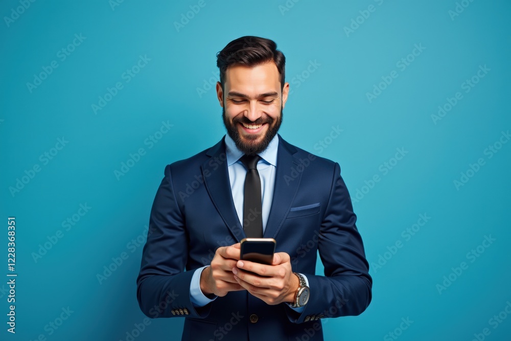 Confident Man in Suit Engrossed in His Smartphone Against a Vibrant Blue Background, Representing Modern Communication and Professional Style Confident Man in Suit Engrossed in His Smartphone Against a Vibrant Blue Background, Representing Modern Communication and Professional Style