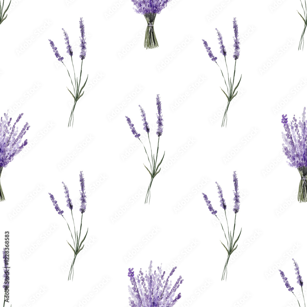 Naklejka premium Lavender seamless pattern on a clean white background. Watercolor botanical art for use in cards, wallpapers, packaging, invitations, crafting, decoupage