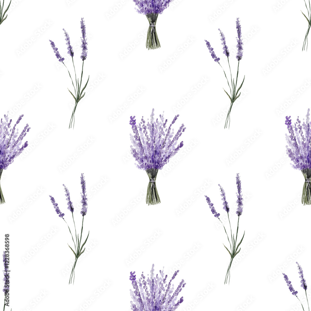 Naklejka premium Lavender flowers seamless pattern isolated on white background. Watercolor botanical illustration.