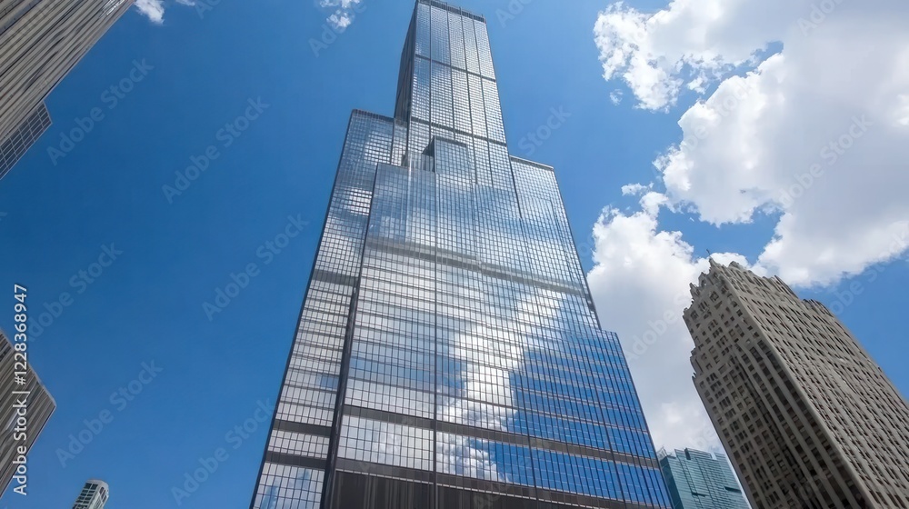 Obraz premium Low-angle view of a modern glass skyscraper against a bright blue sky with fluffy clouds.