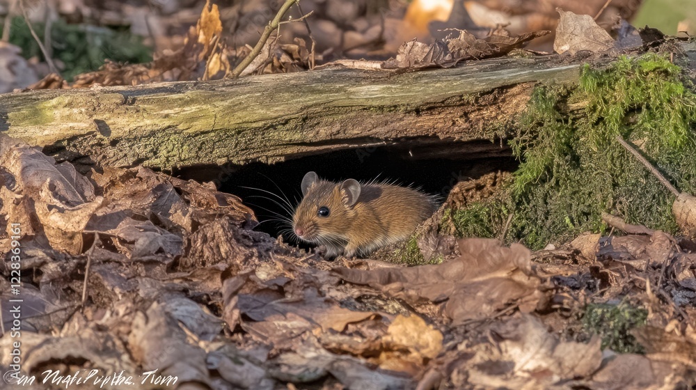 Fototapeta premium Small brown rodent peeking from a log in autumn leaves.