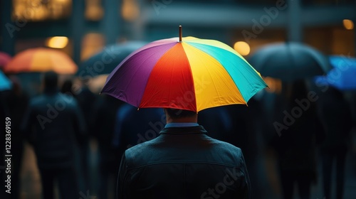 Wallpaper Mural Man with rainbow umbrella, city rain, crowd background, business Torontodigital.ca