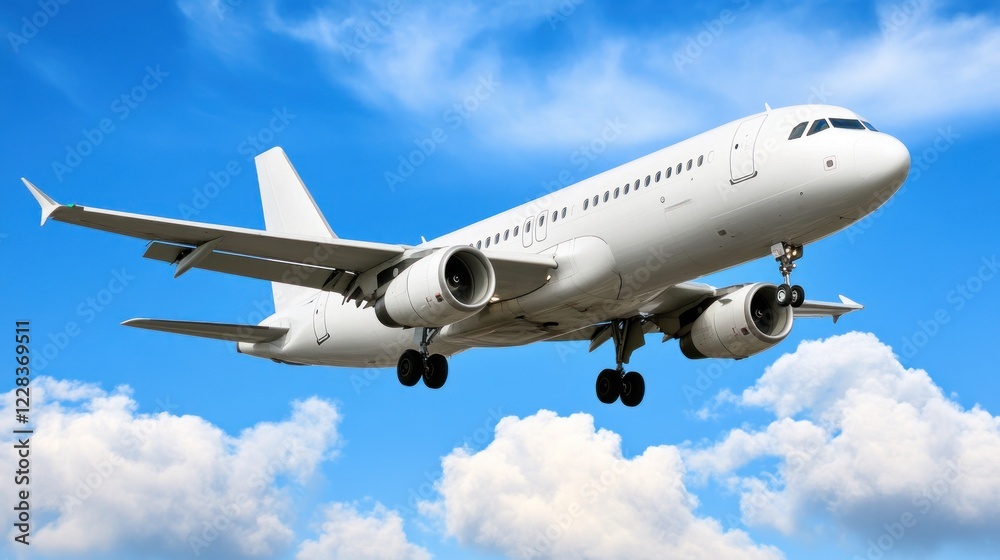 White passenger airplane approaching for landing against a vibrant blue sky with fluffy white clouds.