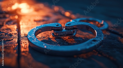 Metal handcuffs on wood, night scene, firelight background.  Justice, crime concept photo