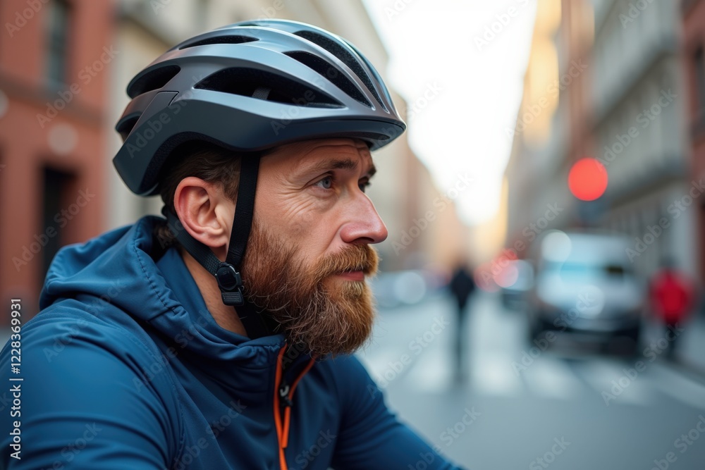 A Thoughtful Bearded Man in a Helmet Pauses During His Bicycle Ride in a City Street Setting, Emphasizing Safety and Urban Cycling Culture A Thoughtful Bearded Man in a Helmet Pauses During His Bicycle Ride in a City Street Setting, Emphasizing Safety and Urban Cycling Culture