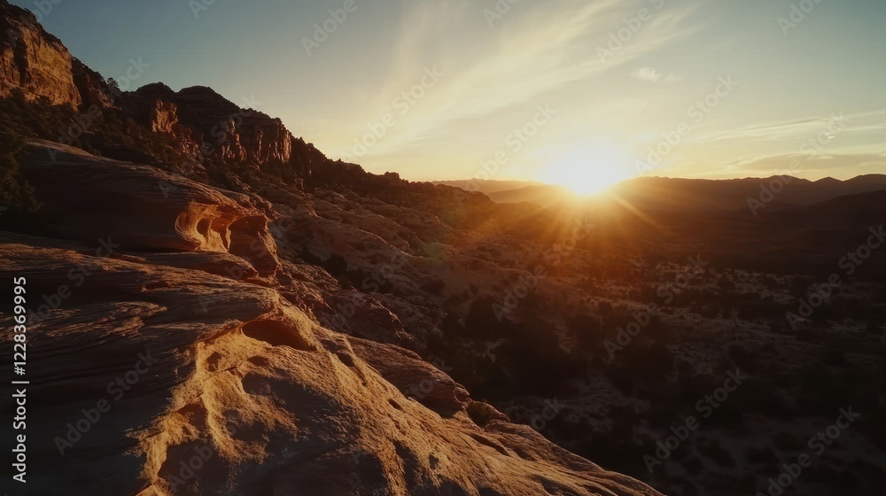 Fototapeta premium Majestic Sunset over Canyon Landscape: Golden Hour in Desert Mountains