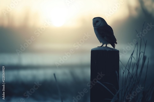 Majestic barn owl perched on a frost covered post in a tranquil winter landscape, with the soft glow of sunrise illuminating the scene, creating a serene and captivating moment in nature photo