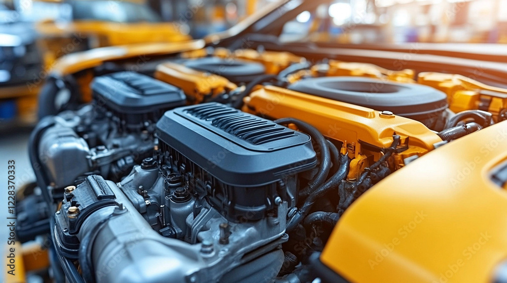 Fototapeta premium Close-up of a car engine in a workshop highlighting mechanical components and precision engineering minimalistic bright tone modern blurred empty blank caption space on the side