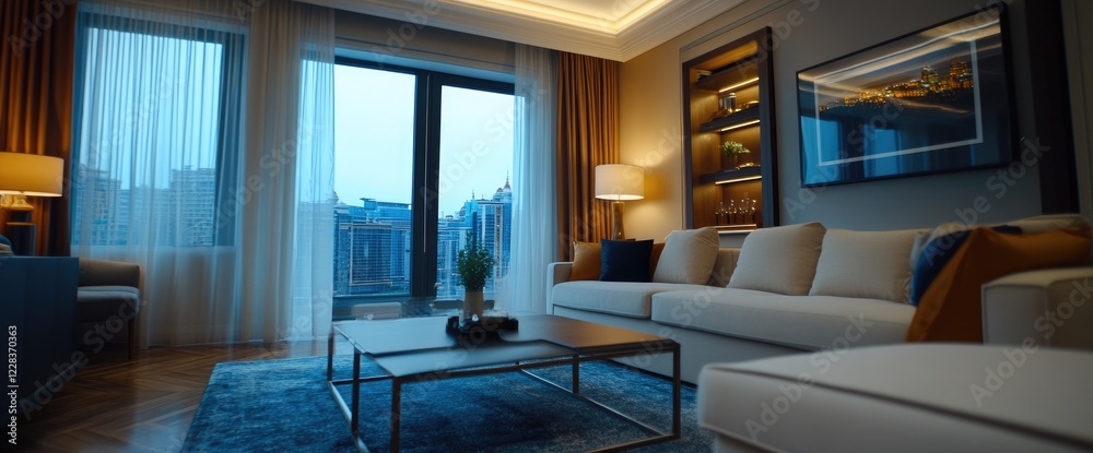 Naklejka premium Modern apartment living room, city view, evening