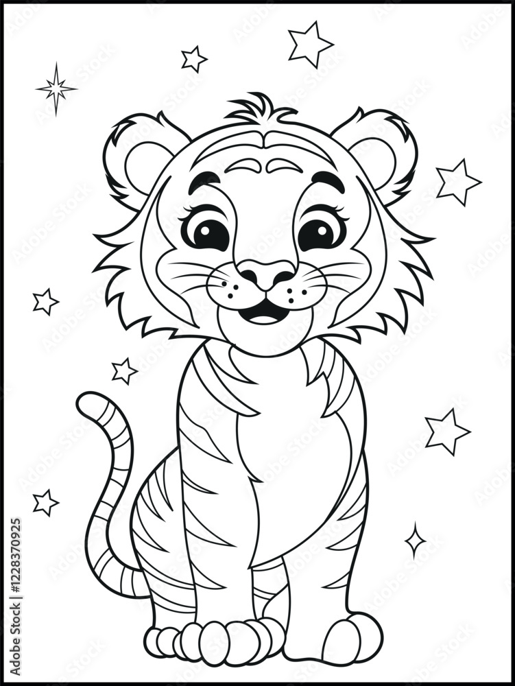 Fototapeta premium Illustration of a cute baby tiger cartoon character. Hand-drawn Black and white Printable animal coloring page for kids. Children's coloring books, fun and educational materials. 