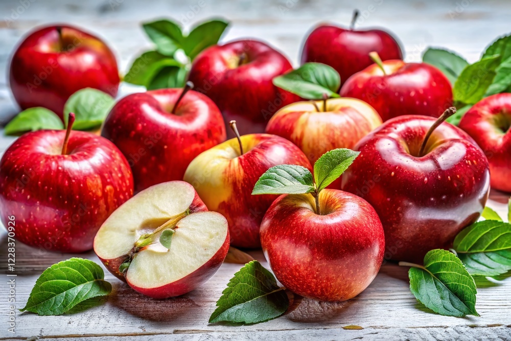 Surreal Red Apples: Whole & Sliced with Leaves, White Background, Space for Text - Stock Photo Poster Surreal Red Apples: Whole & Sliced with Leaves, White Background, Space for Text - Stock Photo Poster