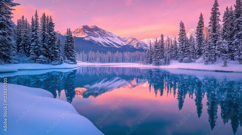 Obraz premium Beautiful majestic landscape with snow covered forest and lake