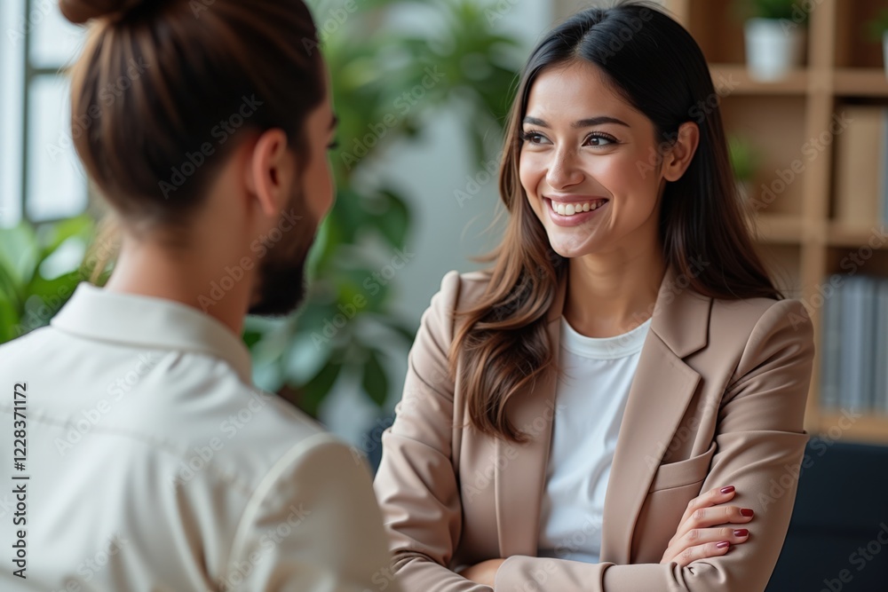 Engaging Business Conversation in Modern Office: A Confident Woman and Man Discussing Ideas Amidst a Professional Environment Engaging Business Conversation in Modern Office: A Confident Woman and Man Discussing Ideas Amidst a Professional Environment