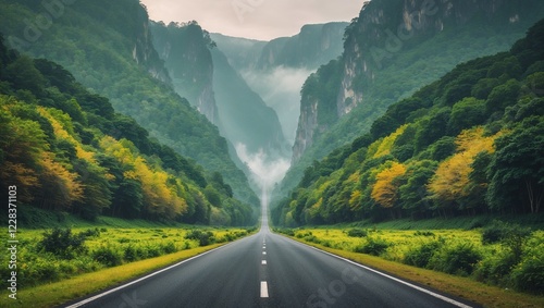 Long paved road, trees and greenery on the sides