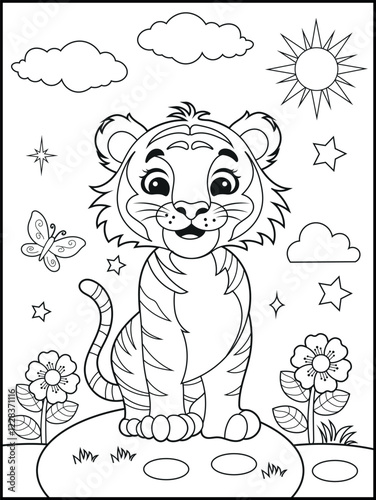 Illustration of a cute baby tiger cartoon character. Hand-drawn Black and white Printable animal coloring page for kids. Children's coloring books, fun and educational materials.
