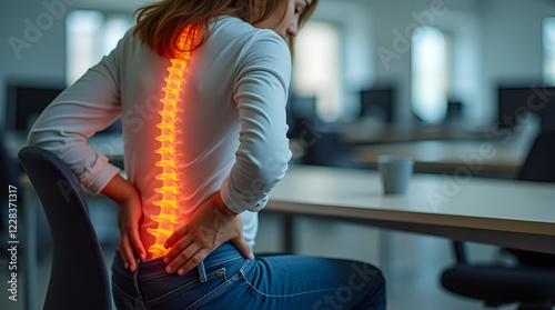 medical issue work Woman sitting at an office desk with highlighted spine pain, illustrates poor posture, back health, and workplace ergonomics 