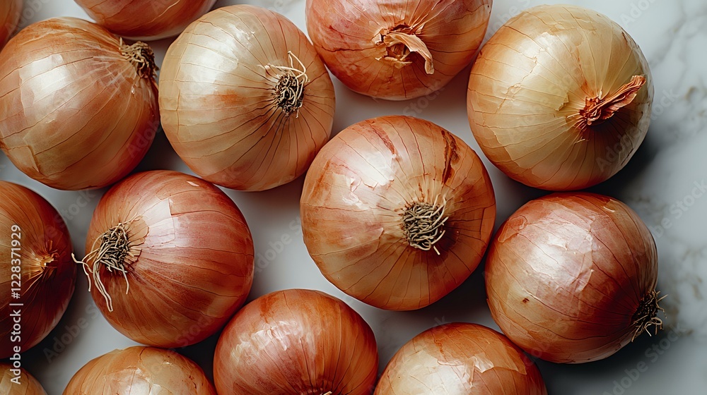 Fresh whole golden onion bulbs arranged on white background, natural organic produce with papery skin and roots showing texture and detail for cooking ingredient. Fresh whole golden onion bulbs arranged on white background, natural organic produce with papery skin and roots showing texture and detail for cooking ingredient.