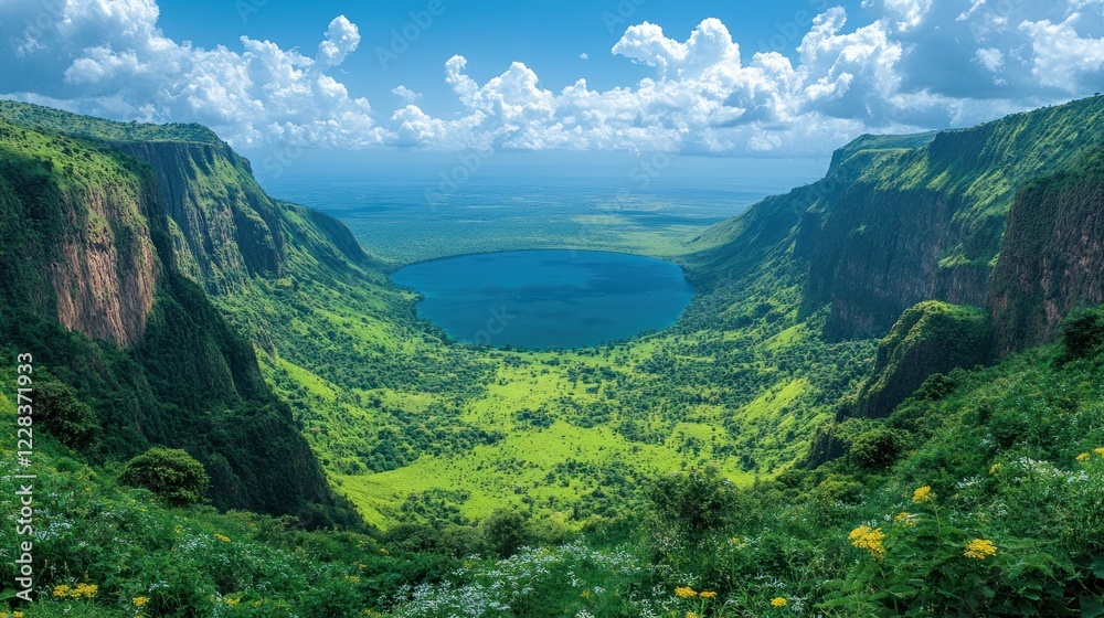 Naklejka premium Breathtaking aerial view of a crater lake surrounded by lush green mountains under a bright blue sky