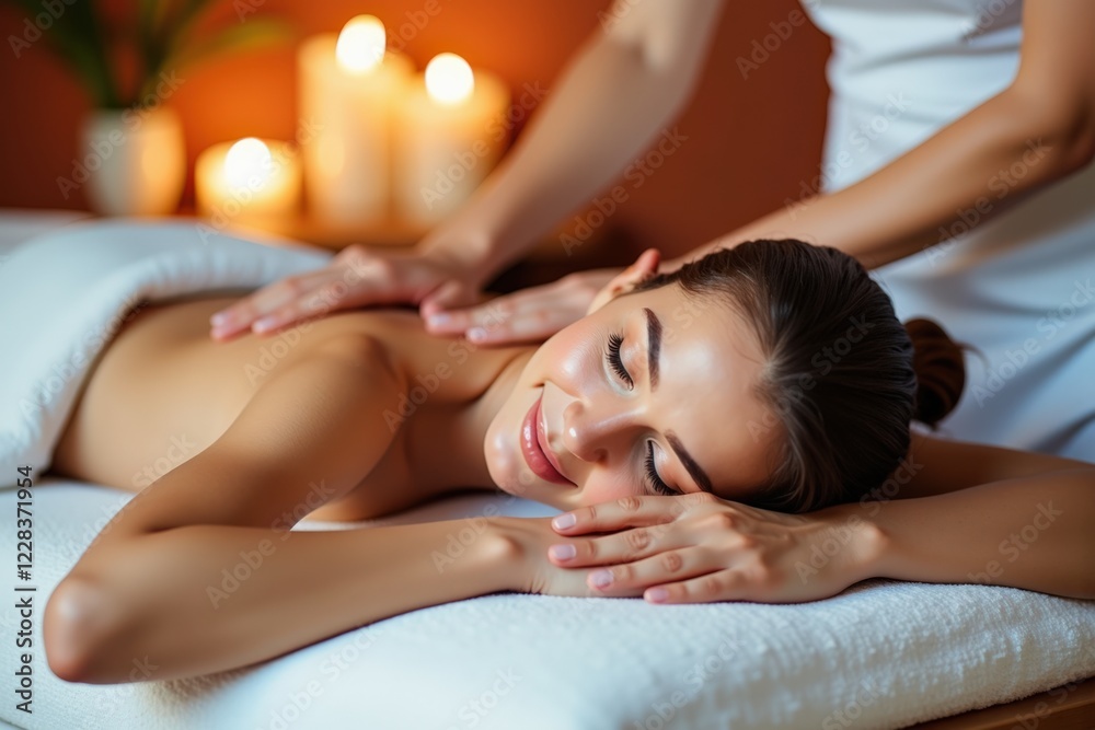 Fototapeta premium Relaxing Premium Massage Experience for a Young Woman in an Inviting Spa Setting with Aromatic Candles and Calming Decor