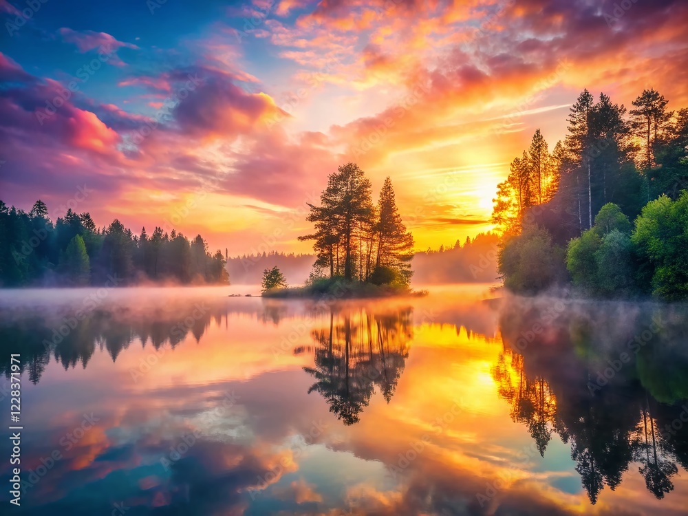 Obraz premium Surreal Sunrise: Misty Forest Reflecting in Tranquil Lake