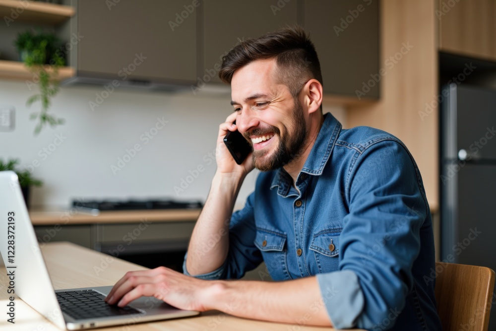 A Smiling Man Engaged in a Phone Conversation While Working on a Laptop in a Modern Home Office Setting, Combining Comfort and Productivity for Remote Work Success A Smiling Man Engaged in a Phone Conversation While Working on a Laptop in a Modern Home Office Setting, Combining Comfort and Productivity for Remote Work Success