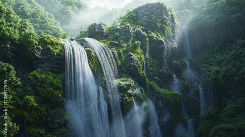 Lush Waterfall Cascading Down Rocky Cliffs in Misty Forest