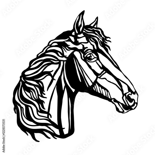 Beautiful horse head silhouette. Horse portrait black and white. Vector illustration, isolated on white background. Stallion horse, template for logo, design, tattoo, stencil and laser cutting