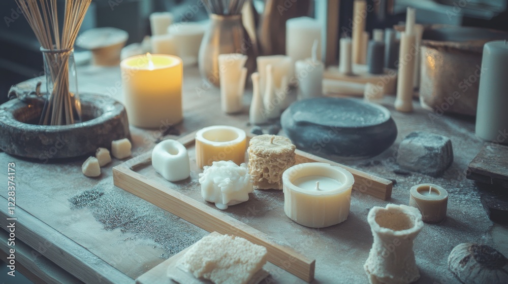 Scene of a well-arranged candle making setup with wax and molds. Featuring candle wax, molds, and wicks. Emphasizing the technique and creativity in candle making. Ideal for craft and hobby imagery. Scene of a well-arranged candle making setup with wax and molds. Featuring candle wax, molds, and wicks. Emphasizing the technique and creativity in candle making. Ideal for craft and hobby imagery.