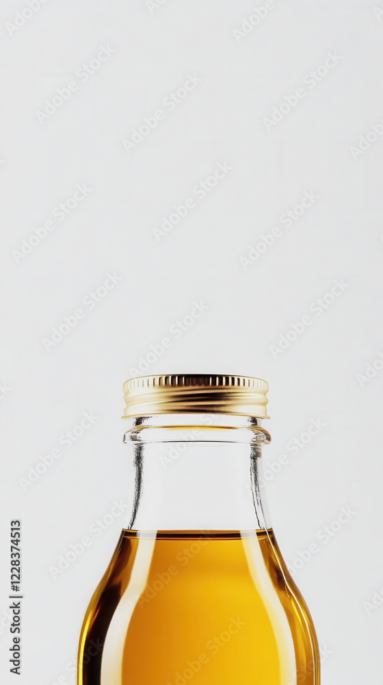 Close up of a glass bottle with extra virgin olive oil against a minimalist white background Close up of a glass bottle with extra virgin olive oil against a minimalist white background