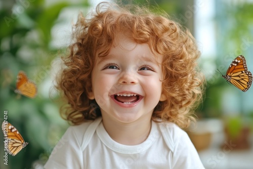 Capture the joy of childhood with a toddler giggling while chasing butterflies in a garden Sunlit wings flutter around, reflecting pure innocence and happiness This heartwarming image portrays a photo