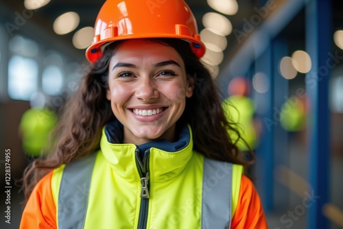 A Smiling Female Construction Worker in a Bright Safety Vest and Hard Hat at a Job Site, Emphasizing Safety, Confidence, and Professionalism in the Construction Industry photo