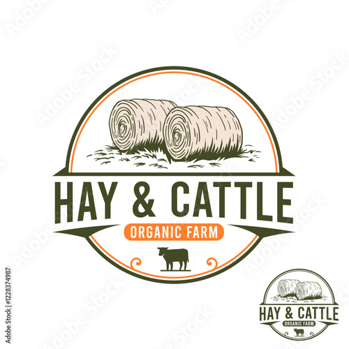 Hay and Cattle Organic Farm Emblem Illustration Logo.