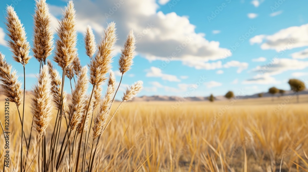 Fototapeta premium Discover breathtaking landscapes where golden hour casting warm tones, delicate light shaping the scene illuminates fields of tall grass and a clear blue sky dotted with fluffy white clouds These