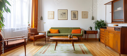 Typical Soviet style apartment with vintage furnishing and retro living room design copy space image photo