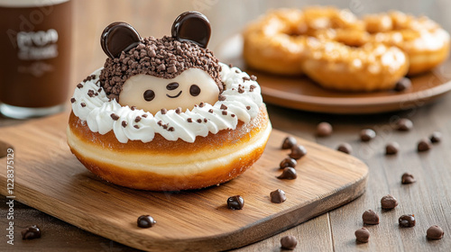 Donut, A whimsical donut shaped like a bear, featuring chocolate ears, perfect for dessert lovers and food enthusiasts, rendered in high fidelity. photo