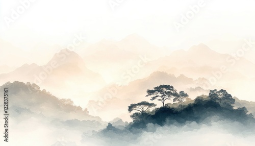 Discover ethereal landscapes where soft daylight merging with subtle shade creates a peaceful natural setting Explore serene mountains shrouded in mist, painted with delicate strokes The tranquil