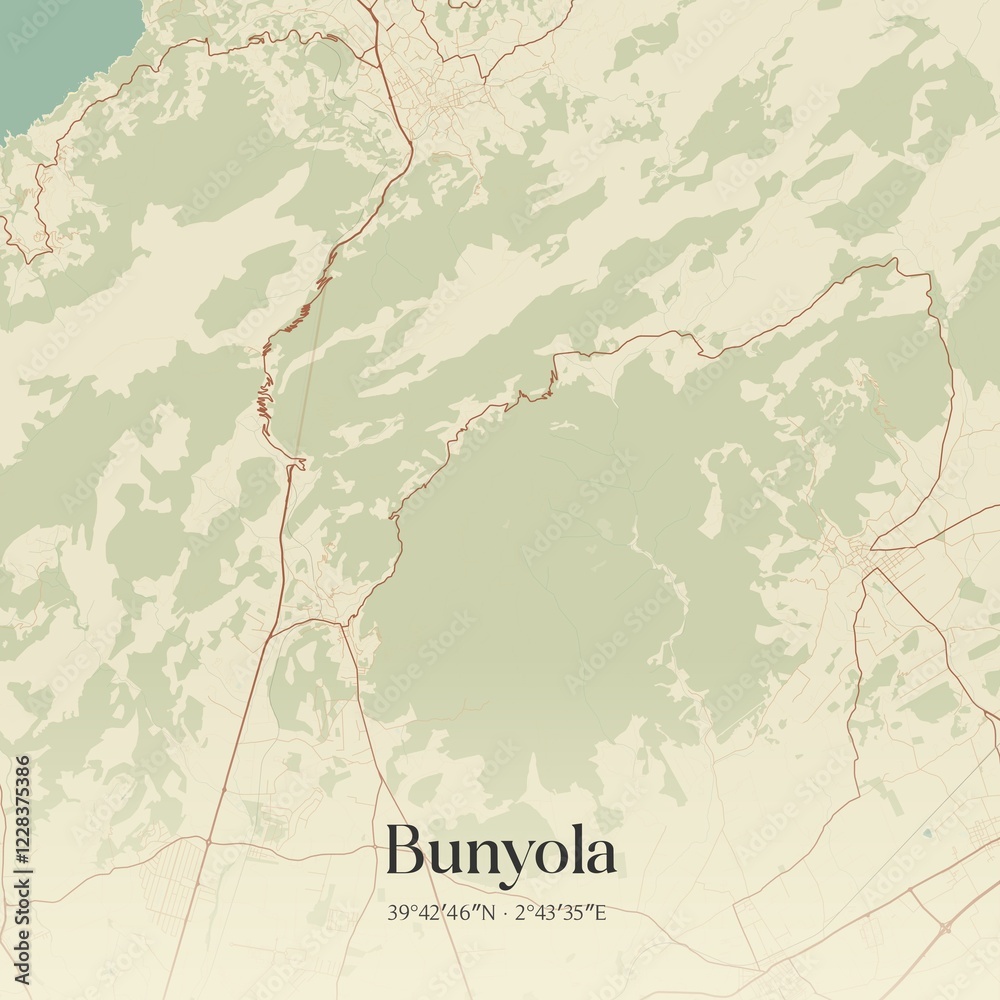 Fototapeta premium Retro Spanish map of Bunyola, Islas Baleares. Vintage street map.