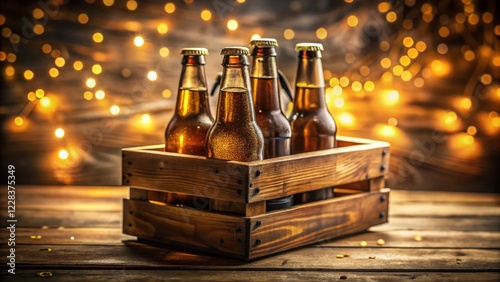 Craft Beer Gift Box: Rustic Wooden Box with Bokeh, Perfect for Autumn or Holiday Marketing photo