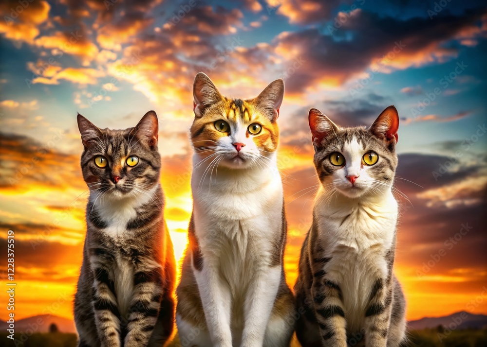 Obraz premium Three Happy Cats Silhouette Portrait - Playful Feline Friends