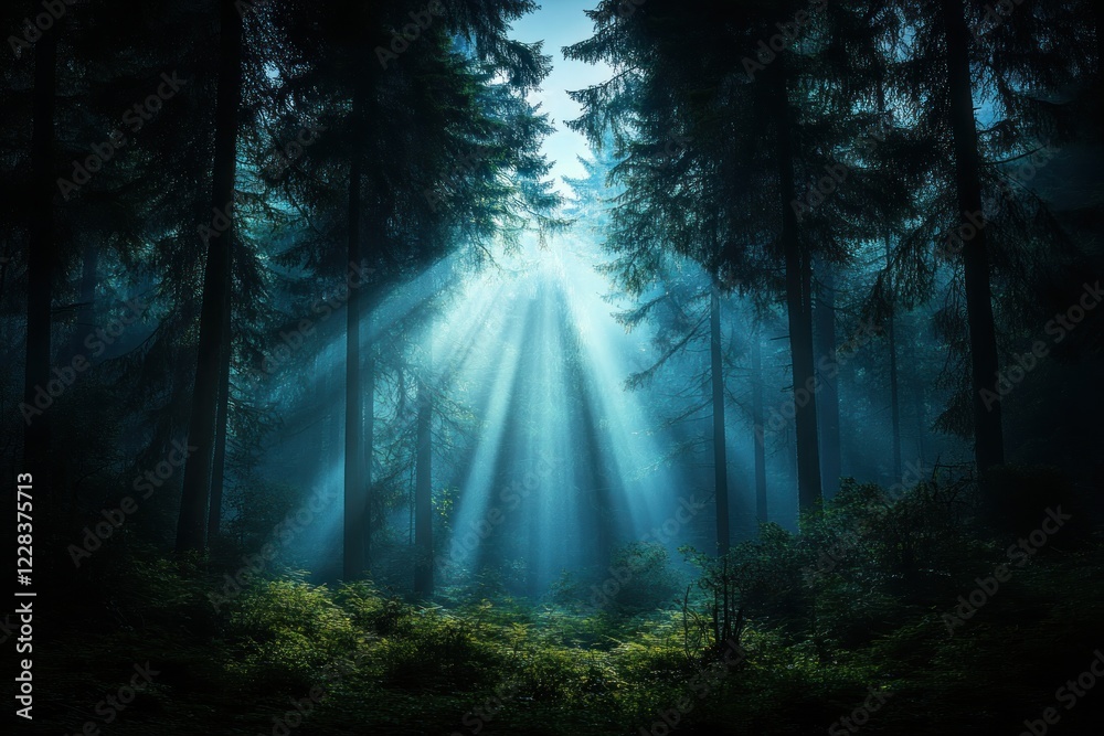 Obraz premium Embark on an adventure with youthful energy, hiking through lush mountains, and sunlight streaming through trees as you explore the unknown This scenic view, bathed in light, captures the beauty of