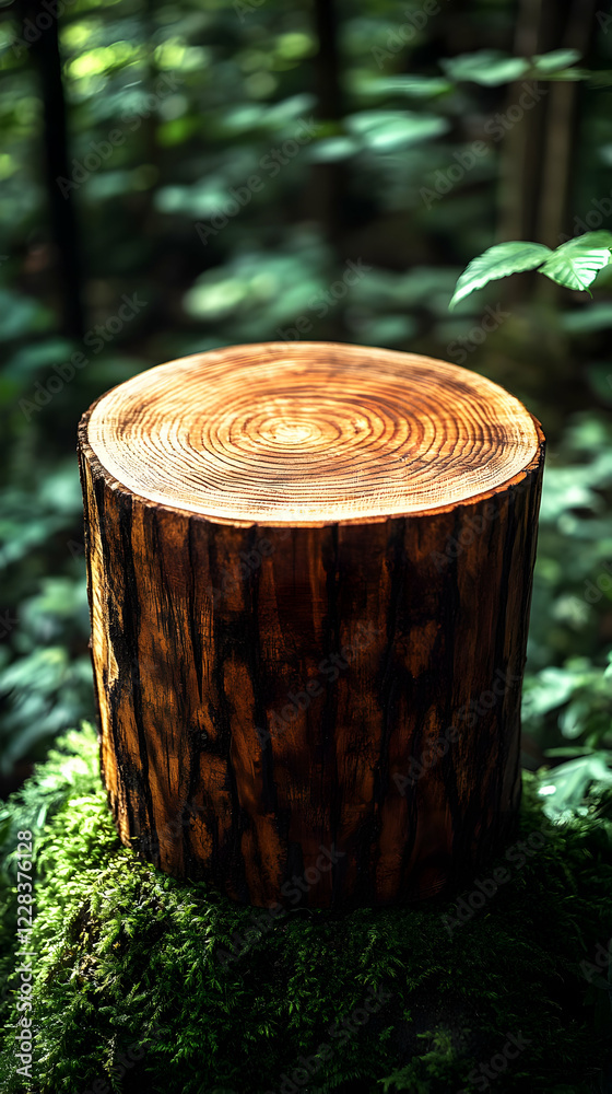 Fototapeta premium Dark Brown Tree Stump on Mossy Base in Lush Green Forest