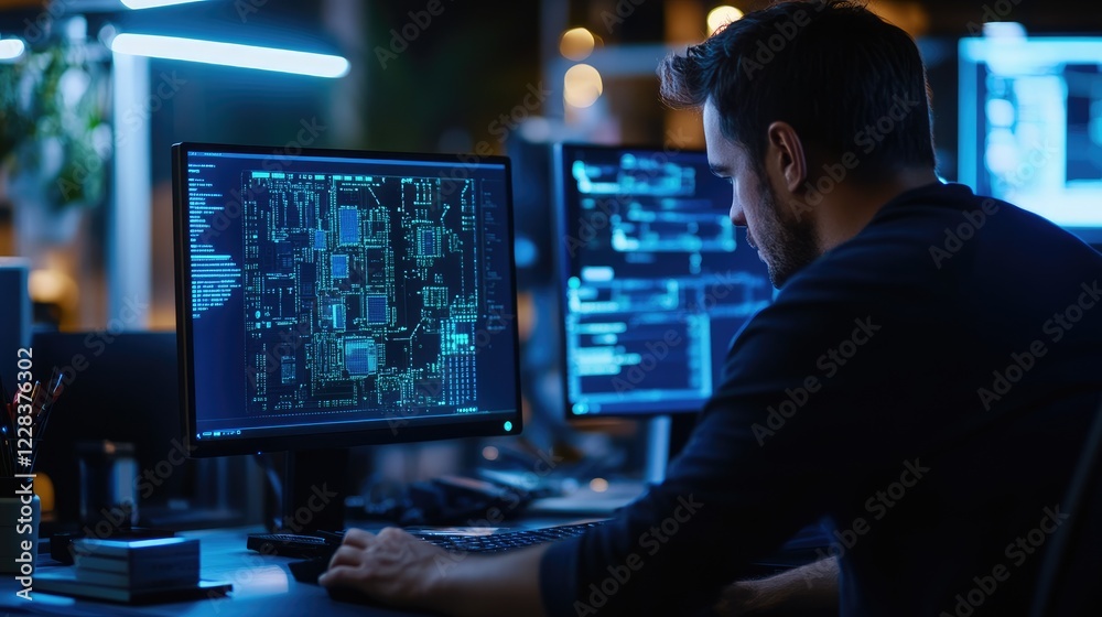 Programmer coding late night office, circuit board design, colleagues background, tech project Programmer coding late night office, circuit board design, colleagues background, tech project