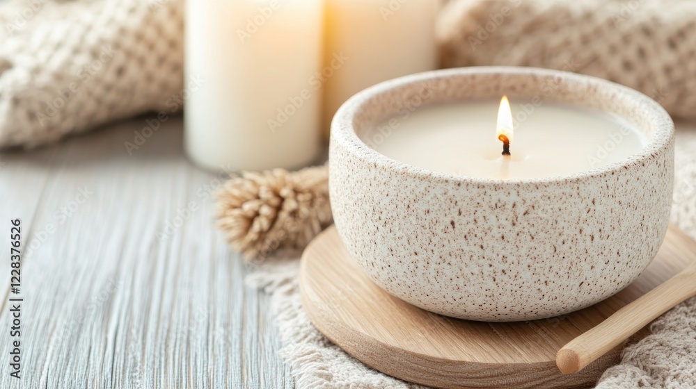 Experience the gentle glow with warm ambient light enhancing a cozy and inviting atmosphere, showcasing a lit candle in a speckled ceramic bowl, resting on a wooden coaster The scene is complemented Experience the gentle glow with warm ambient light enhancing a cozy and inviting atmosphere, showcasing a lit candle in a speckled ceramic bowl, resting on a wooden coaster The scene is complemented